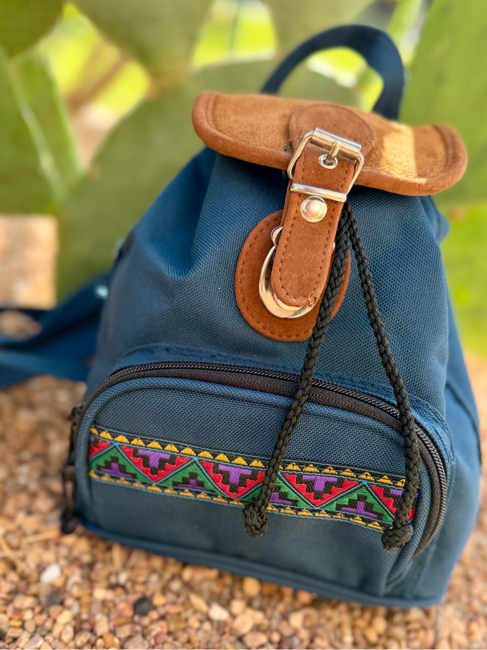 80s/90s Vintage Southwestern Mini Backpack canvas Suede Geometric Boho bag